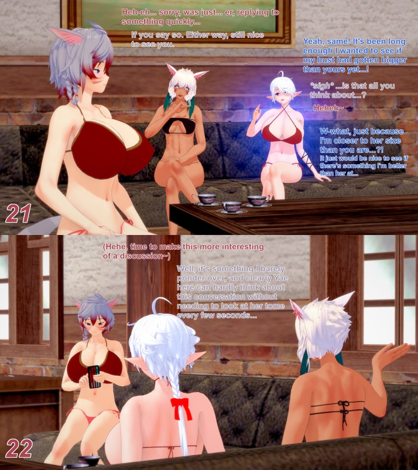 3d 3girls alisaie_leveilleur bikini breast_expansion cat_ears cat_tail commission elezen english_text final_fantasy final_fantasy_xiv gray_hair growth huge_breasts koikatsu miqo'te oc original_character phone reality_warping swimsuit text white_hair xavierhuge y'shtola_rhul yae_yoshizawa