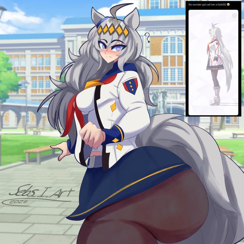 1girls animal_ears ass ass_bigger_than_head ass_bigger_than_torso big_ass breasts clothing fat_ass female female_only gluteal_fold horse_girl huge_ass large_ass massive_ass oguri_cap_(umamusume) sebs_i_art side_view solo tail thick_ass thick_thighs umamusume white_hair white_tail wide_hips