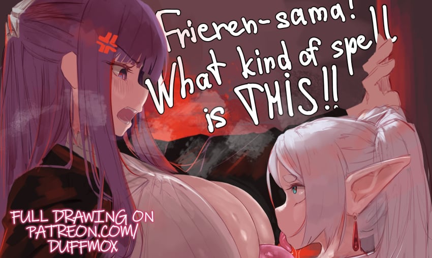 angry boobs breasts breasts_out duffmox elf elf_ears elf_female fern_(sousou_no_frieren) frieren frieren_beyond_journey's_end futa_on_female futanari licking licking_penis light-skinned_female light-skinned_futa light-skinned_futanari light_skin long_hair steam tongue white_hair