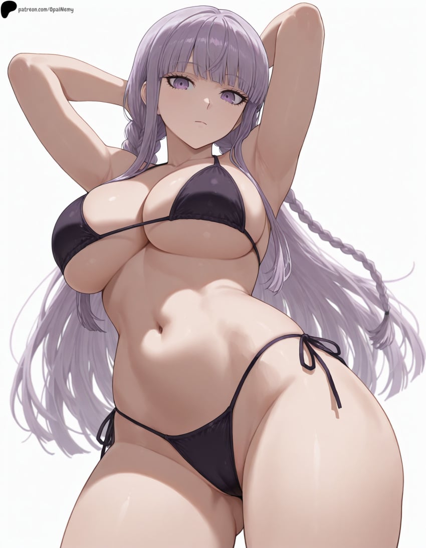 1girl 1girls ai_generated armpits bangs bikini black_bikini blunt_bangs braid breasts closed_mouth collarbone danganronpa danganronpa:_trigger_happy_havoc hi_res high_quality high_resolution highres kirigiri_kyouko large_breasts light long_hair looking_at_viewer midriff navel nose opal_nemy patreon_logo patreon_url patreon_username plain_background purple_eyes purple_hair self_upload serious shadow shiny shiny_clothes shiny_hair shiny_skin side-tie_bikini_bottom simple_background solo string_bikini swimsuit thighs watermark white_background
