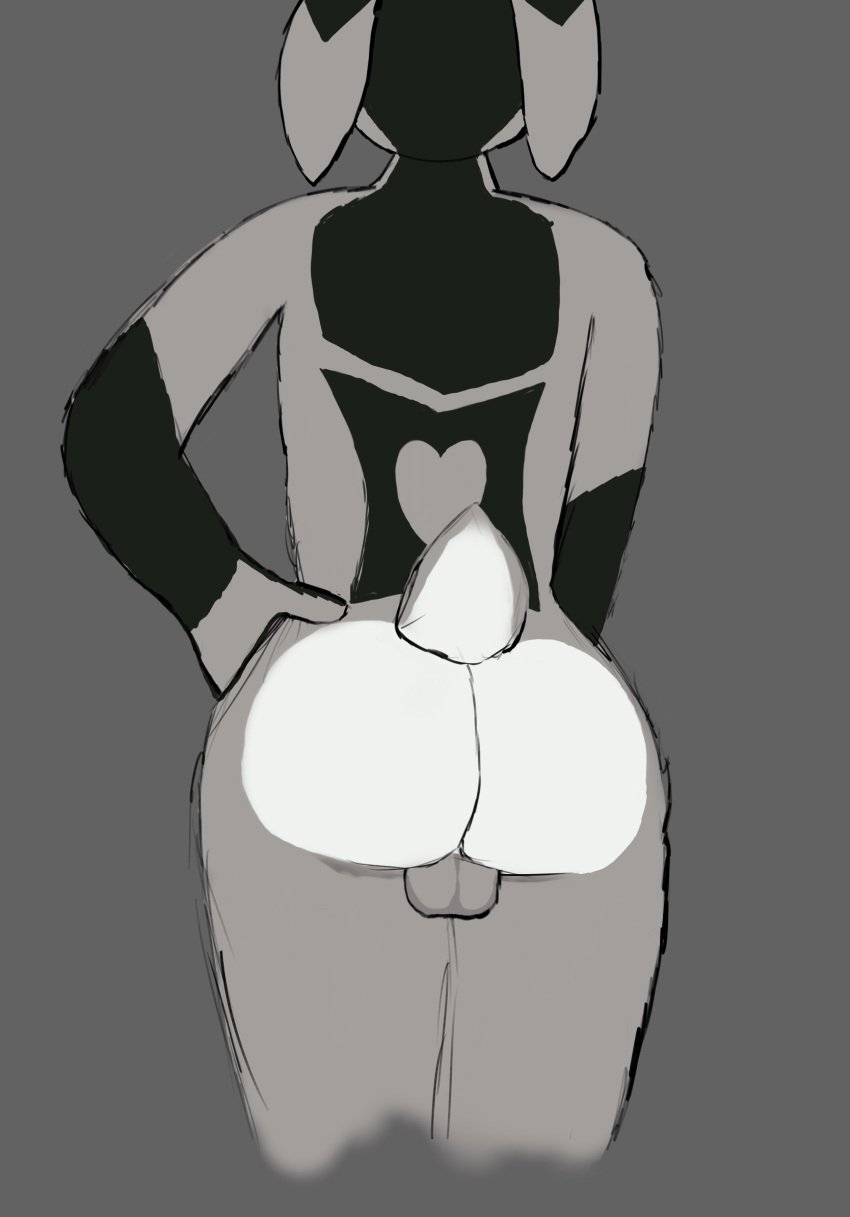 anonymous_artist anthro ass backsack balls butt_focus ears_back ears_down fur fur_markings genitals grey_body grey_fur hand_on_hip hi_res hybrid male mammal markings minikane pivoted_ears rear_view simple_background slimgy_flur solo thick_thighs