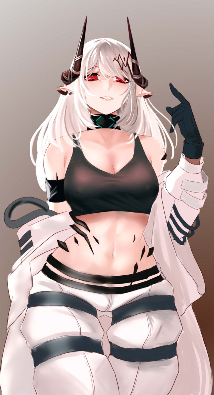 absurdres arknights armband bangs bare_shoulders black_choker black_gloves breasts choker chong_(547342983) cleavage crop_top elite_ii_(arknights) female gloves grey_background hand_up highres horns long_hair looking_at_viewer midriff mudrock_(arknights) navel nipples_visible_through_clothing oripathy_lesion_(arknights) pants parted_lips pointy_ears red_eyes silver_hair solo sports_bra stomach white_pants