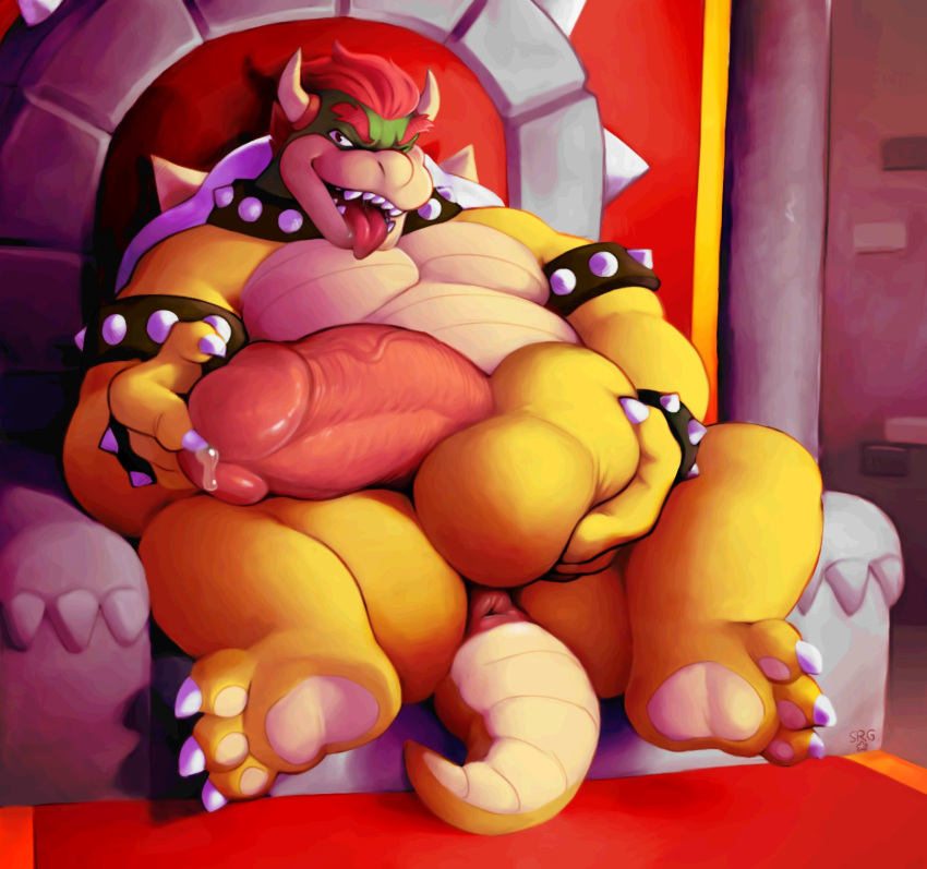 1boy balls bara big_balls big_penis bowser full_body gay hyper hyper_balls hyper_penis indoors koopa male male_focus male_only mario_(series) nintendo penis precum sitting smolrainbowgoat solo solo_male spread_legs super_mario_bros. testicles throne tongue_out