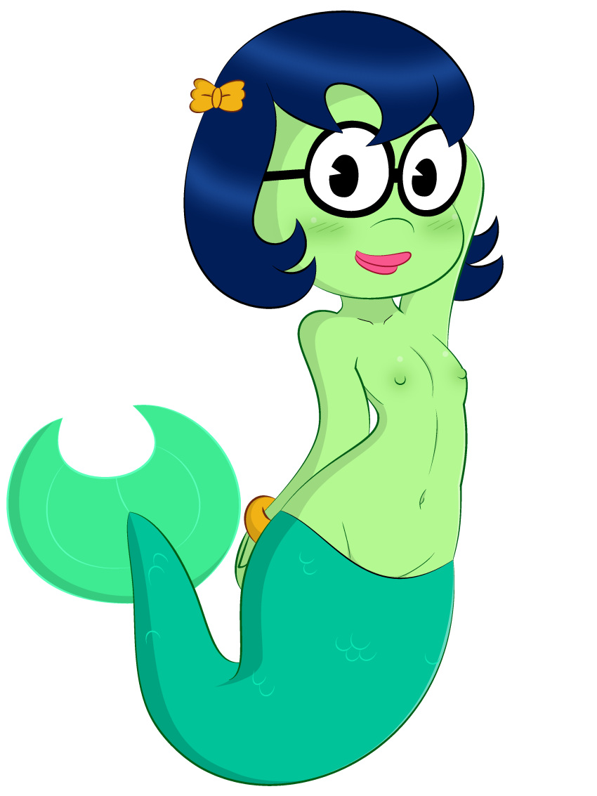 blue_hair blush bracelet breasts dreameclipsewolf female female_focus female_only flat_chest flower glasses green_skin mermaid mermaid_tail nickelodeon nipples princess_mindy short_hair smile smooth_skin spongebob_squarepants transparent_background white_outline