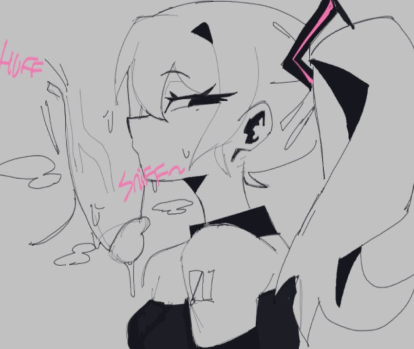cock_worship decaiien disembodied_penis hatsune_miku looking_to_the_side monochrome musk_clouds musky_cock