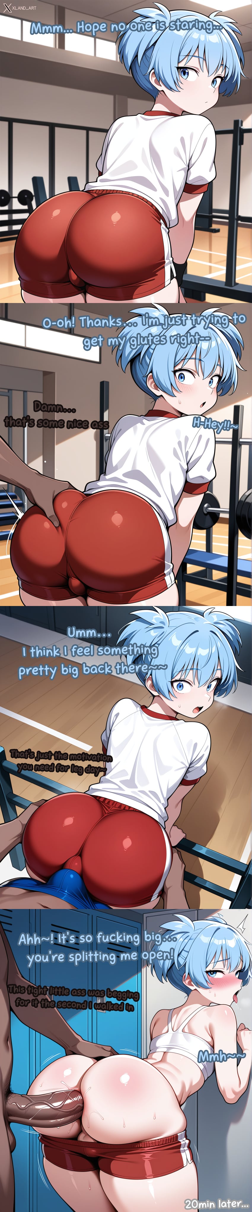 2boys adult ai_generated anal anal_penetration anal_sex ass ass_focus assassination_classroom big_ass big_penis blue_eyes blue_hair blush blushing bulge bulge_through_clothing cock comic comic_strip crop_top dark-skinned_male dark_skin femboy gay grinding groping gym gym_uniform hi_res humping interracial locker_room moaning nsfw penis pressing_against public pulled_down_shorts shiota_nagisa shorts surprised surprised_expression text thick_ass watermark xland