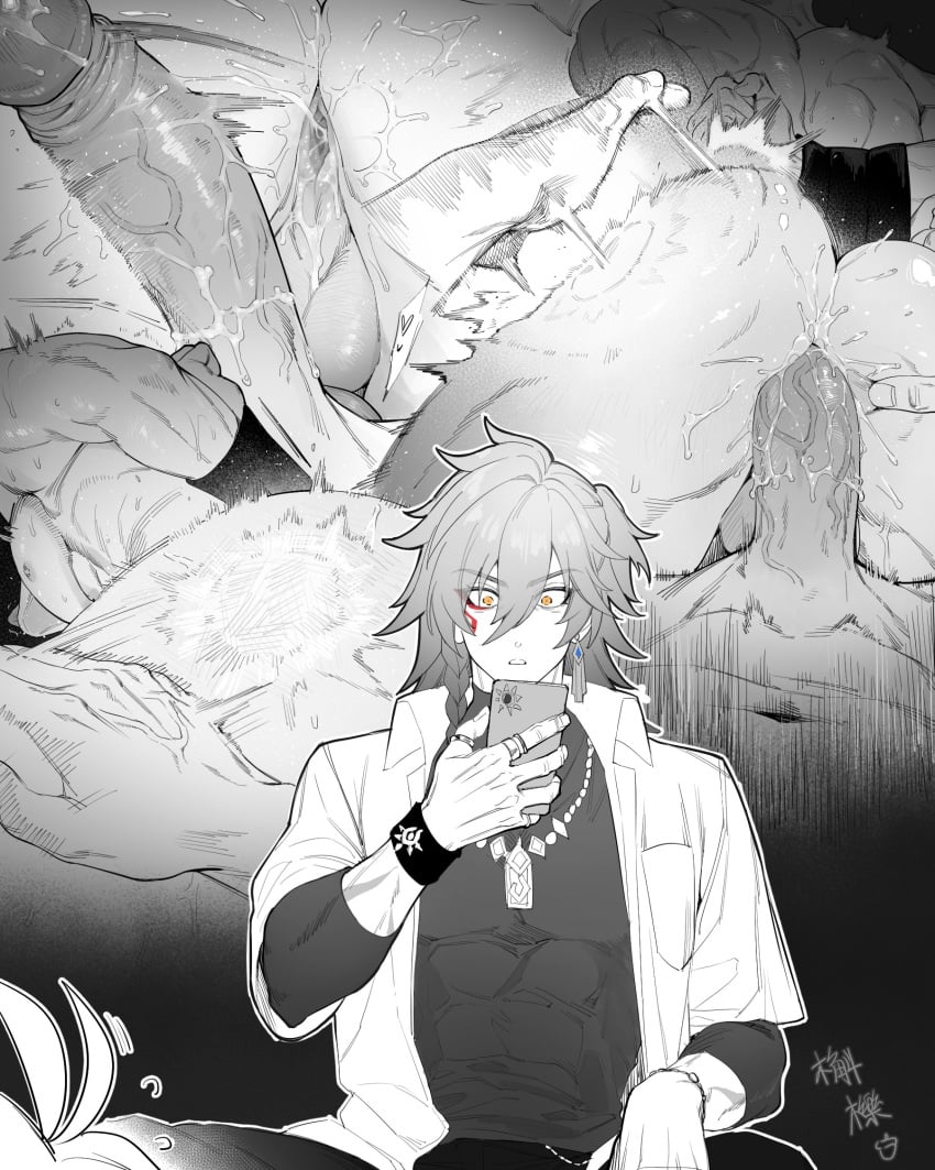 2boys anus ass ass_smack cellphone commentary_request doggie117 erection facial_tattoo gay gay_male highres honkai:_star_rail honkai_(series) long_hair male_focus multiple_boys mydei_(honkai:_star_rail) navel open_clothes open_shirt penis phainon_(honkai:_star_rail) phone red_tattoo smartphone spot_color tattoo testicles uncensored veins veiny_penis yaoi yellow_eyes
