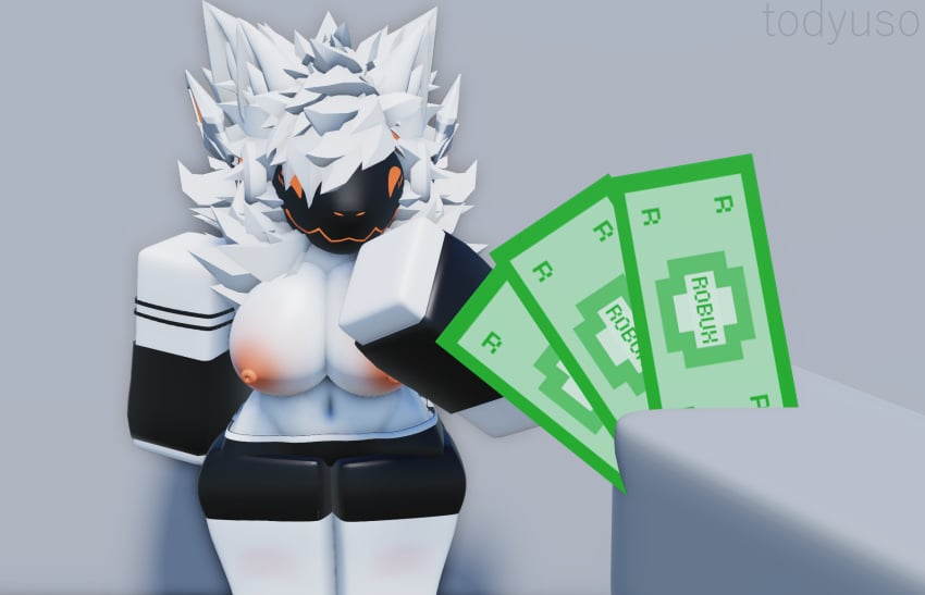 1girls dolphin_shorts dummy_(roblox) furry money offering_money orange_areola orange_eyes partially_clothed protogen roblox robloxian tagme white_fur white_hair