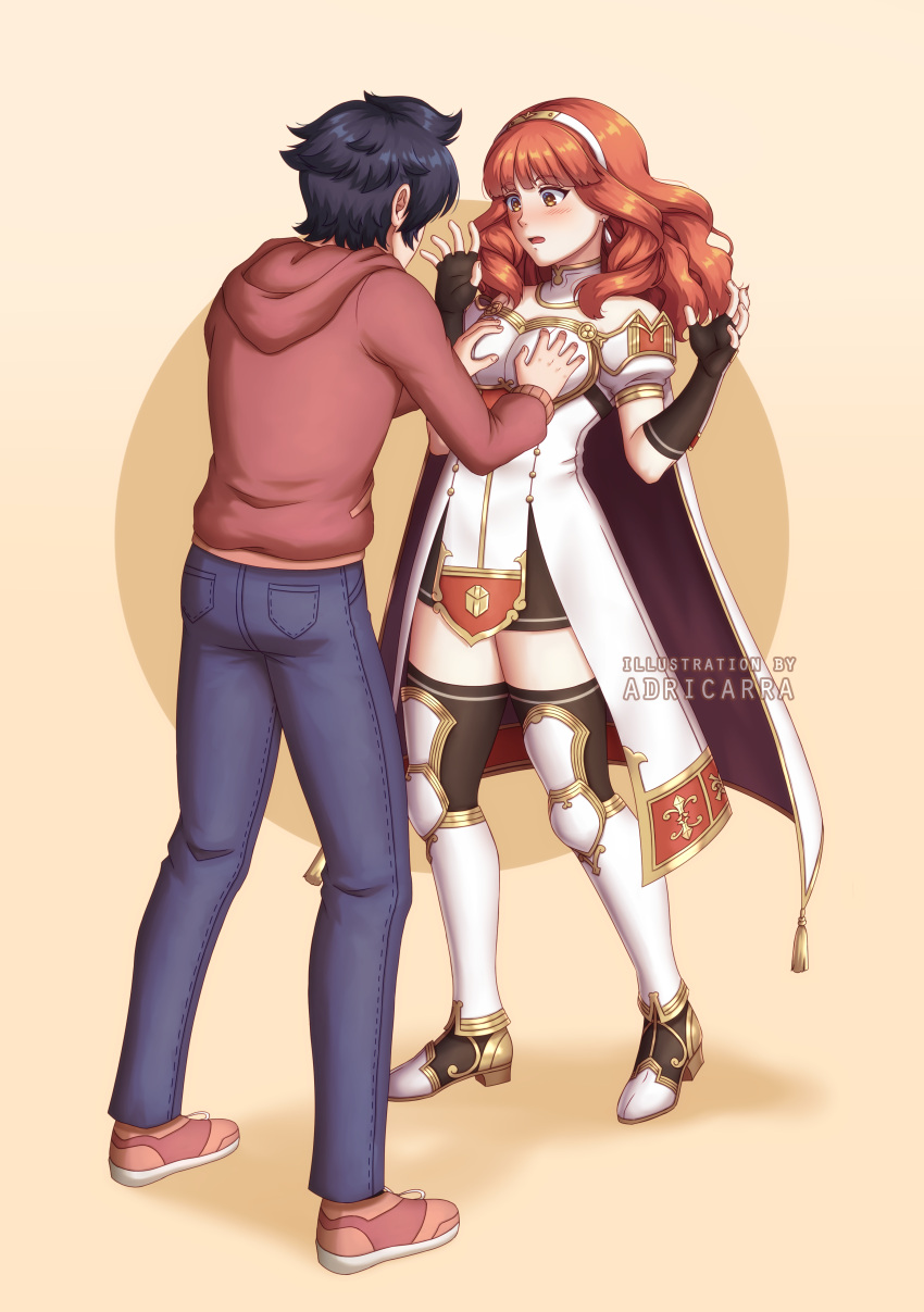 1boy 1girls absurdres adricarra anthiese_lima armor blush boobplate breast_grab breastplate breasts celica_(fire_emblem) denim double_breast_grab female fire_emblem fire_emblem_echoes:_shadows_of_valentia fire_emblem_gaiden flustered fondle grabbing groping highres jewelry nintendo priestess princess red_hair royalty skirt sweater thighhighs