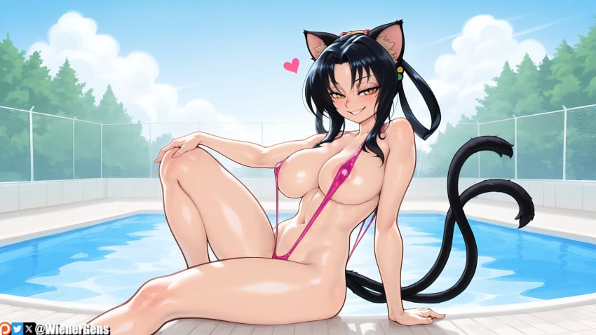 1girl 2026 2d absurd_res absurd_resolution absurdres ai_generated animal_ears areola_slip arm_support bell black_hair blue_sky blush breasts cat_ears cat_girl cat_tail cloud covered_nipples day grin hair_rings hairband heart hi_res high_quality high_resolution high_school_dxd highres image kuroka_(high_school_dxd) large_breasts long_hair looking_at_viewer multiple_tails naughty_face navel nekomata one-piece_swimsuit outdoors patreon patreon_username pool poolside purple_lips seductive_smile sitting sky slingshot_swimsuit slit_pupils smile solo swimsuit tail thighs two_tails uncensured water watermark wienergens yellow_eyes