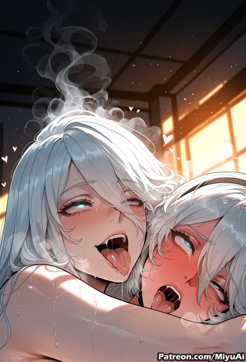 2b_(nier:automata) 2girls ahegao ai_assisted ai_generated blue_eyes blurry_background blush breasts curvaceous curvy curvy_female curvy_figure eyebrows_visible_through_hair female hair_between_eyes hairband half-closed_eyes heart heart-shaped_pupils indoors looking_at_viewer miyuai mole mole_under_mouth multiple_girls nier nier:automata nier_(series) no_blindfold nude open_mouth oral_invitation saliva silver_hair sweat symbol-shaped_pupils teeth thick thick_ass thick_butt thick_hips thick_legs thick_thighs tongue tongue_out voluptuous voluptuous_female wide_hips wide_thighs yorha_2b yorha_a2 yorha_no._2_type_b yuri