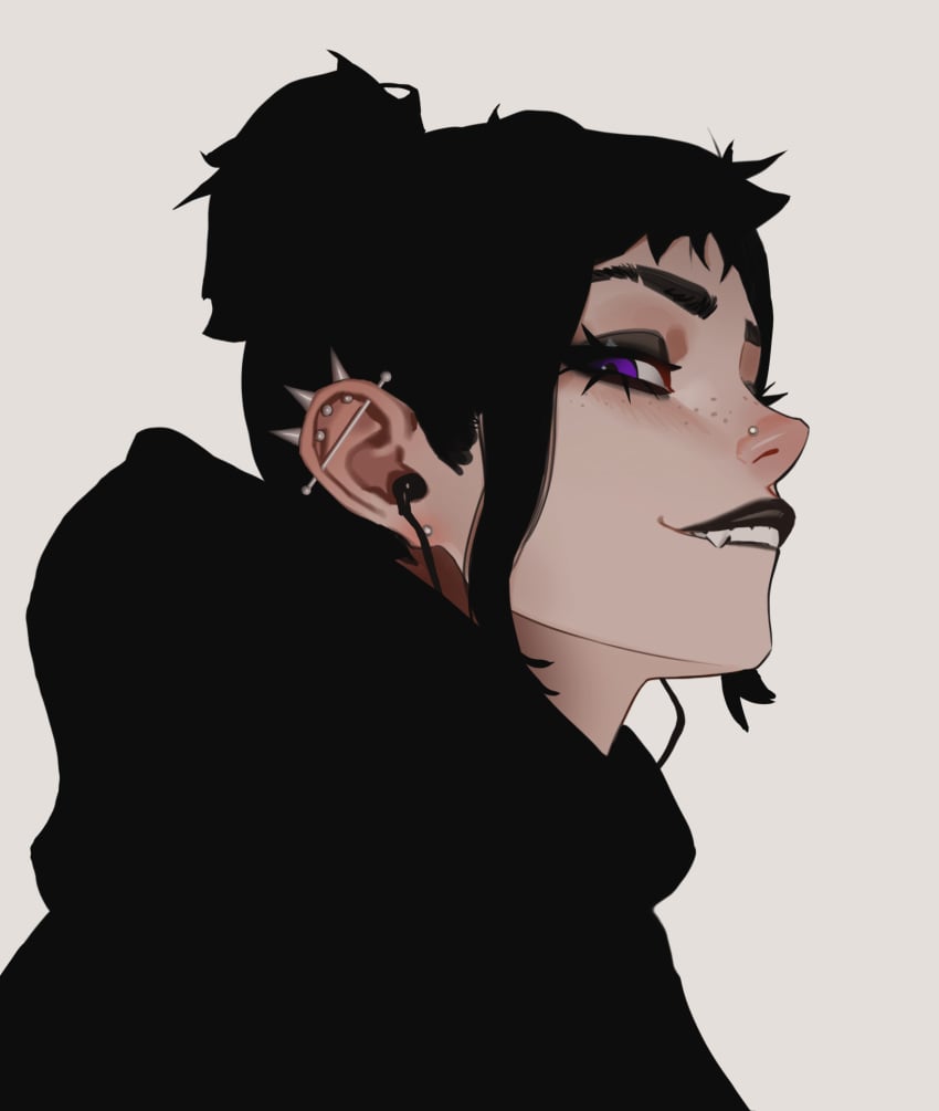 1girls black_hair black_lips black_lipstick clothed clothed_female clothing dethmaid earrings female female_only freckles goth hair_bun headphones hoodie lipstick makeup mascara oc piercing sharp_teeth side_view solo