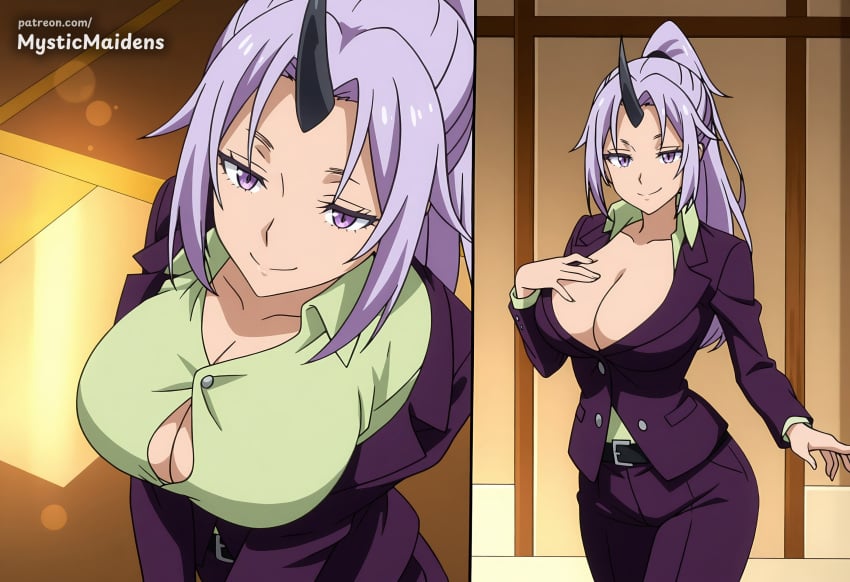 1girl 1girls ai_generated anime anime_style belt black_belt black_horns breasts button_gap cleavage closed_mouth collarbone collared_shirt formal green_shirt hentai hi_res horns jacket large_breasts long_hair long_sleeves looking_at_viewer multiple_views mystic_maidens office_lady oni pants parted_bangs patreon patreon_username ponytail purple_eyes purple_hair purple_jacket purple_pants shion_(tensei_shitara_slime_datta_ken) shirt single_horn smile suit tensei_shitara_slime_datta_ken web_address