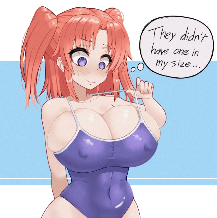 big_breasts bikini blush breasts cleavage duke_wintermaul english_text female female_focus female_only mikakunin_de_shinkoukei pink_hair purple_eyes sweat swimwear tight_bikini tight_clothing tight_fit visible_nipples yonomori_kobeni young_savage