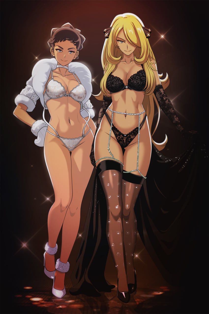 2girls alternate_version_available armwear black_bra black_eyes black_gloves black_hair black_panties black_thighhighs blonde_hair blue_eyes bottomwear bra breasts choker cleavage coat cynthia_(pokemon) diantha_(pokemon) elbow_gloves female female_only footwear full_body game_freak garter_straps gloves hair hair_ornament hair_over_one_eye handwear heels high_heels high_resolution highres hips lace lace-trimmed_bra lace-trimmed_gloves lace-trimmed_panties lace_trim legs legwear lingerie long_hair mature mature_female mature_woman medium_breasts mittens neckwear panties pearls pokemon pokemon_dppt pokemon_xy smile thighhighs thighs topwear vivivoovoo white_bra white_coat