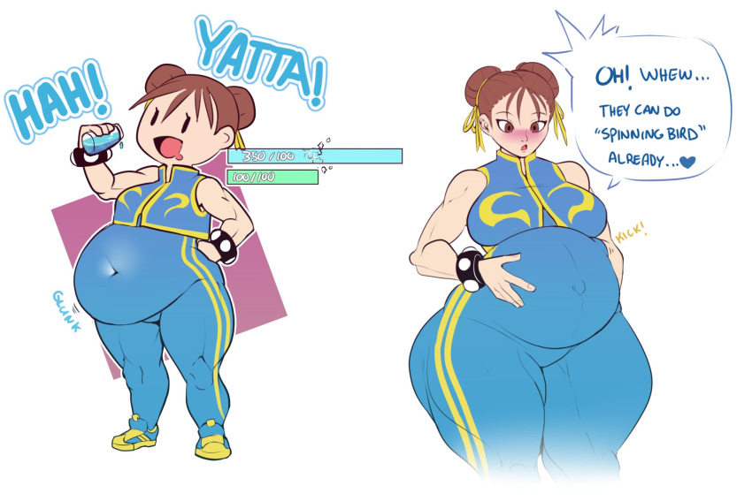 asian asian_female belly big_belly big_breasts blush breasts brown_hair capcom chun-li chun-li_(fortnite) dwps fat female fetal_movement fortnite muscular_thighs pregnant skintight street_fighter thick_thighs