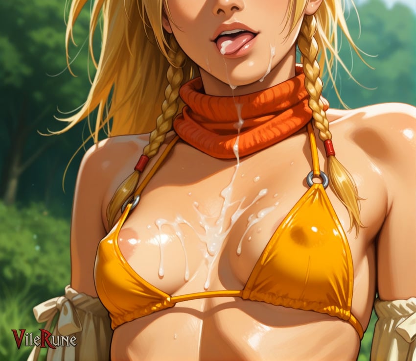 1girl after_fellatio ai_generated braid breasts_focus breasts_out close-up cum cum_on_breasts cum_on_lips cumdrip detached_sleeves dutch_angle final_fantasy_x-2 gloves long_hair out_of_frame outdoors perky_breasts rikku small_breasts solo tongue upper_body yellow_bikini