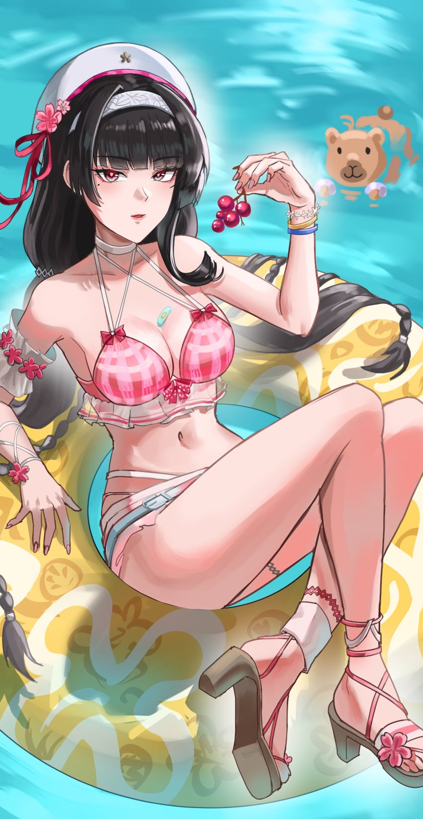 1girls beach black_hair chisa_(wuthering_waves) female long_hair medium_breasts official_alternate_costume pink_swimsuit red_eyes see-through_clothing see-through_swimsuit swimsuit wuthering_waves