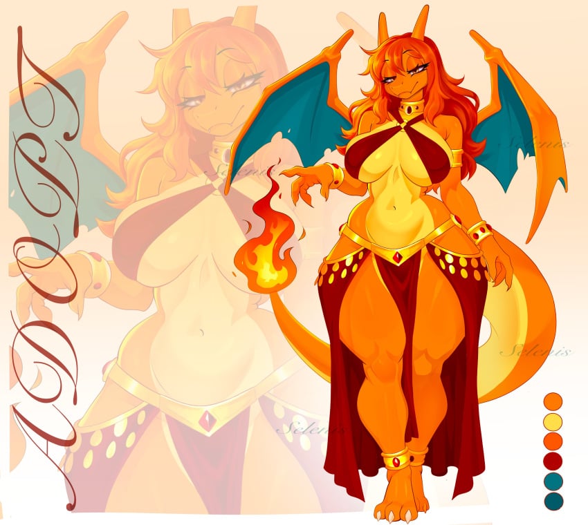 anthro belly_dancer belly_dancer_outfit big_breasts charizard criss-cross_halter curvaceous curvy_female curvy_figure dragon_girl dragon_horns dragon_humanoid dragon_tail dragon_wings female female_anthro female_only harem_outfit hips_wider_than_shoulders hourglass_figure membranous_wings non-mammal_breasts orange_body orange_hair orange_scales pelvic_curtain pokemon pokemon_(species) pokemon_rgby thick_thighs two-tone_body wide_hips yellow_body yellow_scales