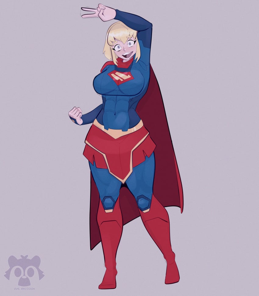 big blonde blonde_female blonde_hair blue_eyes breasts cape dc dc_comics evil_raccoon kara_zor-el miniskirt muscles muscular muscular_female my_adventures_with_superman supergirl superheroine thick_thighs