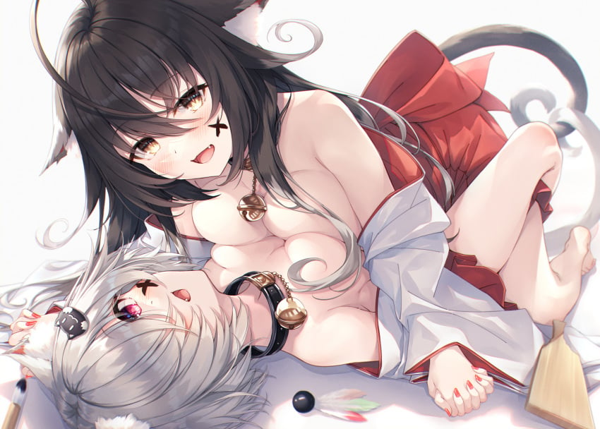 2girls :d absurdres ahoge animal_ear_fluff animal_ears bangs bell black_collar blush breast_press breasts brown_eyes brown_hair cat_ears cat_girl cat_hair_ornament cat_tail collar commentary_request cute_fang eyebrows_visible_through_hair facepaint female hagoita hair_between_eyes hair_ornament hair_over_one_eye hakama hane_(hanetsuki) hanetsuki hasumi_(hasubatake39) highres holding_hands intertwined_tails japanese_clothes jingle_bell kimono kuon_(hasumi_(hasubatake39)) long_hair long_sleeves medium_breasts miko multiple_girls nail_polish neck_bell oerba_yun_fang off_shoulder original paddle purple_eyes red_hakama red_nails setsuna_(hasumi_(hasubatake39)) short_hair silver_hair smile symmetrical_docking tail white_kimono yuri