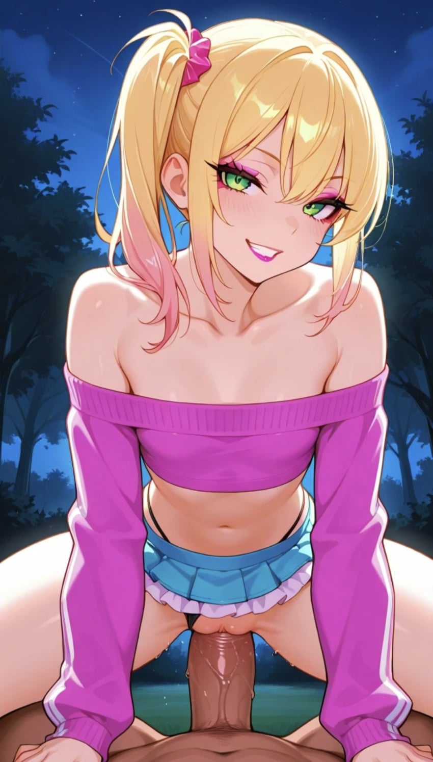 1boy 1boy1girl 1girls ai_generated bare_shoulders blonde blonde_female blonde_hair blonde_hair_female blue_skirt brat bratty cock commentary_request cowgirl_position crop_top female female_focus flat_belly flat_chest flat_chested frilled_skirt frills gradient_hair green_eyes leaning_forward lia_the_busty_redhead lipstick long_sleeves looking_at_viewer microskirt midriff multicolored_hair navel night off_shoulder original original_character outdoors park penis penis_in_pussy pink_hair_tips pink_topwear pov pussy_juice seductive seductive_look seductive_smile self_upload sex side_ponytail sleeveless small_breasts smile smiling smiling_at_viewer spread_legs sweater tagme teen teen_girl teenage_female teenage_girl teenager teeth thong thong_aside vagina vaginal_penetration vaginal_sex