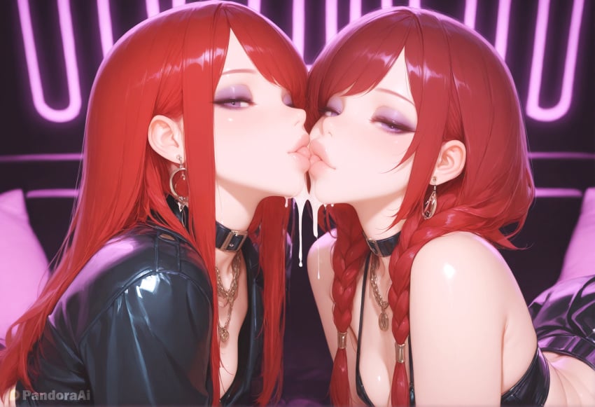 2boys absurd_res ai_generated all_fours artist_name artist_upload bare_shoulders braid breasts choker cleavage collar crossdressing cum cum_in_mouth cumdrip earrings eyelashes eyeliner eyeshadow femboy femboy_focus feminine_male french_kiss gay half-closed_eyes hi_res jacket jewelry kiss licking lips lipstick long_hair looking_at_viewer makeup mascara more_at_source necklace neon_lights pandora patreon patreon_username pillow purple_eyes purple_eyeshadow red_hair self_upload selfcest skirt small_breasts swept_bangs transgender twin_braids uncensored underwear watermark