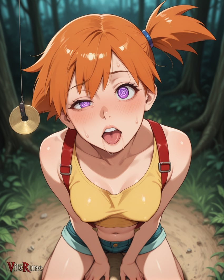 ai_generated aroused_face blush drooling from_above hypnosis hypnotic_eyes hypnotized imminent_rape misty_(pokemon) navel orange_hair pendulum pokemon pov short_hair suspenders tight_clothing uneven_eyes wariza