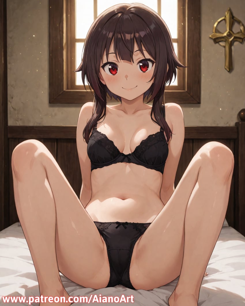 1girl ai_generated aianoart barefoot black_bra black_panties blush bra breasts brown_hair collarbone indoors kono_subarashii_sekai_ni_shukufuku_wo! looking_at_viewer megumin navel on_bed panties red_eyes sitting small_breasts smile solo spread_legs underwear underwear_only window