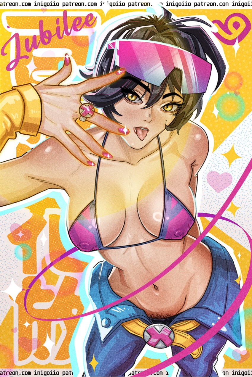 alternate_version_available asian asian_female belt big_breasts bikini bikini_top black_hair breasts erect_nipples erect_nipples_under_bikini female female_only inigoiio jubilation_lee jubilee jubilee_(marvel_rivals) looking_at_viewer magazine_cover marvel marvel_rivals panties pants patreon_link patreon_username pubic_hair pubic_hair_peek ring_(jewelry) sunglasses sunglasses_on_head tongue tongue_out yellow_eyes