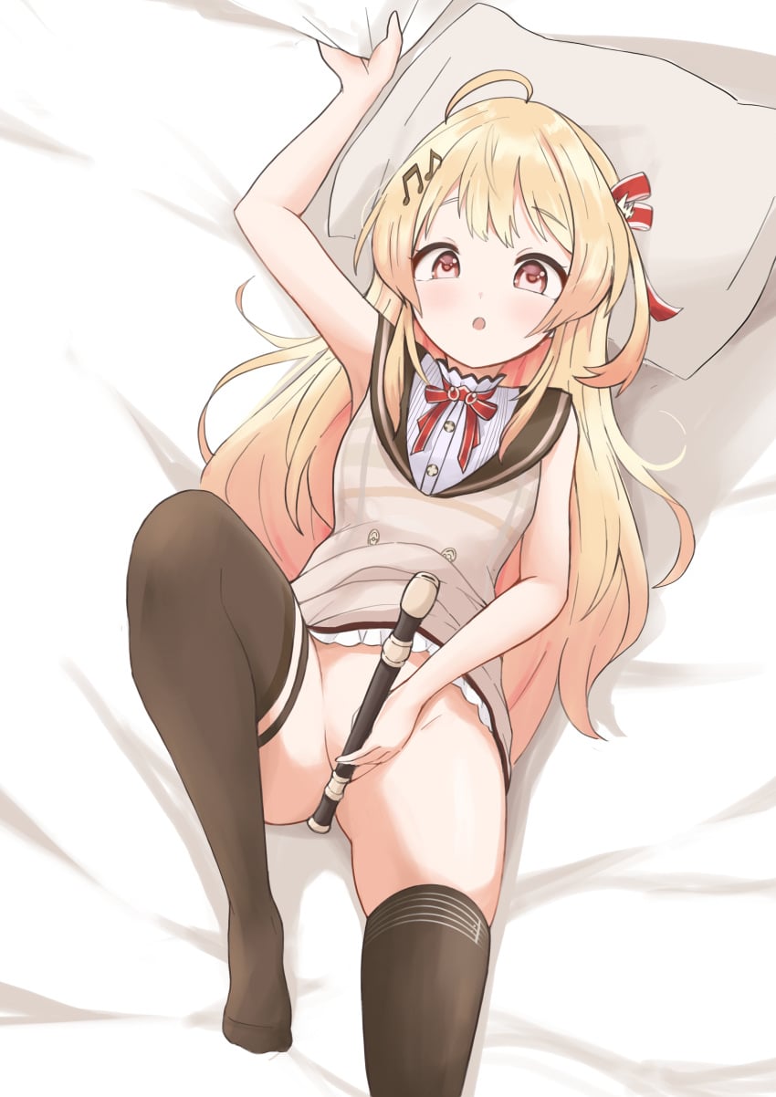 1girl absurdres ahoge blonde_hair blush commentary dress flute hair_ornament hair_ribbon highres hololive hololive_dev_is instrument jacket long_hair multicolored_hair musical_note musical_note_hair_ornament no_panties one_side_up open_mouth otonose_kanade qz recorder red_eyes red_ribbon ribbon shirt solo thighhighs virtual_youtuber