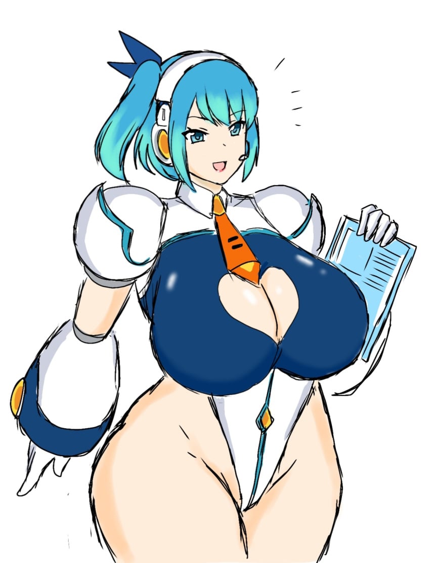 1girls android blue_green_hair blue_hair curvy female huge_breasts leotard light_blue_hair light_hair mega_man mega_man_x_dive momiji_(artist) rico_(mega_man) tagme venus_body