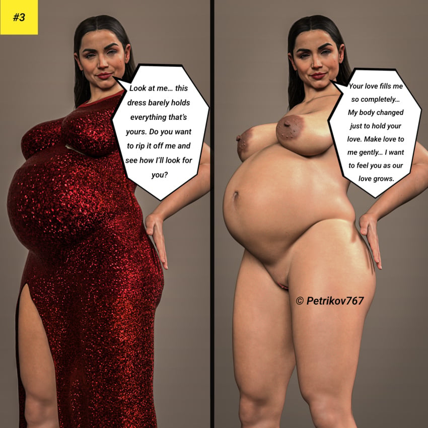 1boy 1girls 3d 3d_(artwork) ballerina_(film) big_breasts black_hair brown_eyes brown_nipples dress eve_macarro latina mexican_male nude nude_female petrikov767 pregnant pregnant_belly pregnant_female self_insert self_upload tattoo text text_box text_bubble
