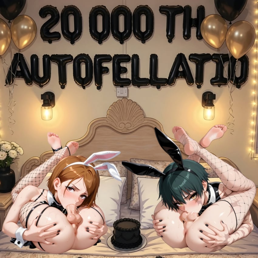 ai_assisted ai_generated anime anus ass ass_grab autodeepthroat autofellatio black_eyeliner black_nails blowjob brown_hair bunny_ears bunnysuit burn_scar cock cum cum_in_mouth cum_in_own_mouth cumming fazepepinito24 fellatio futa_on_futa futa_only futanari golden_eyes goth goth_girl grabbing_ass grabbing_own_ass green_hair jujutsu_kaisen kugisaki_nobara legs legs_behind_head legs_over_head legs_up looking_at_viewer masturbation medium_hair milestone_celebration milestone_post oral_masturbation penis playboy_bunny scars selfsuck shonen_jump short_hair sucking sucking_own_penis tomboy tongue tongue_out yellow_eyes zenin_maki