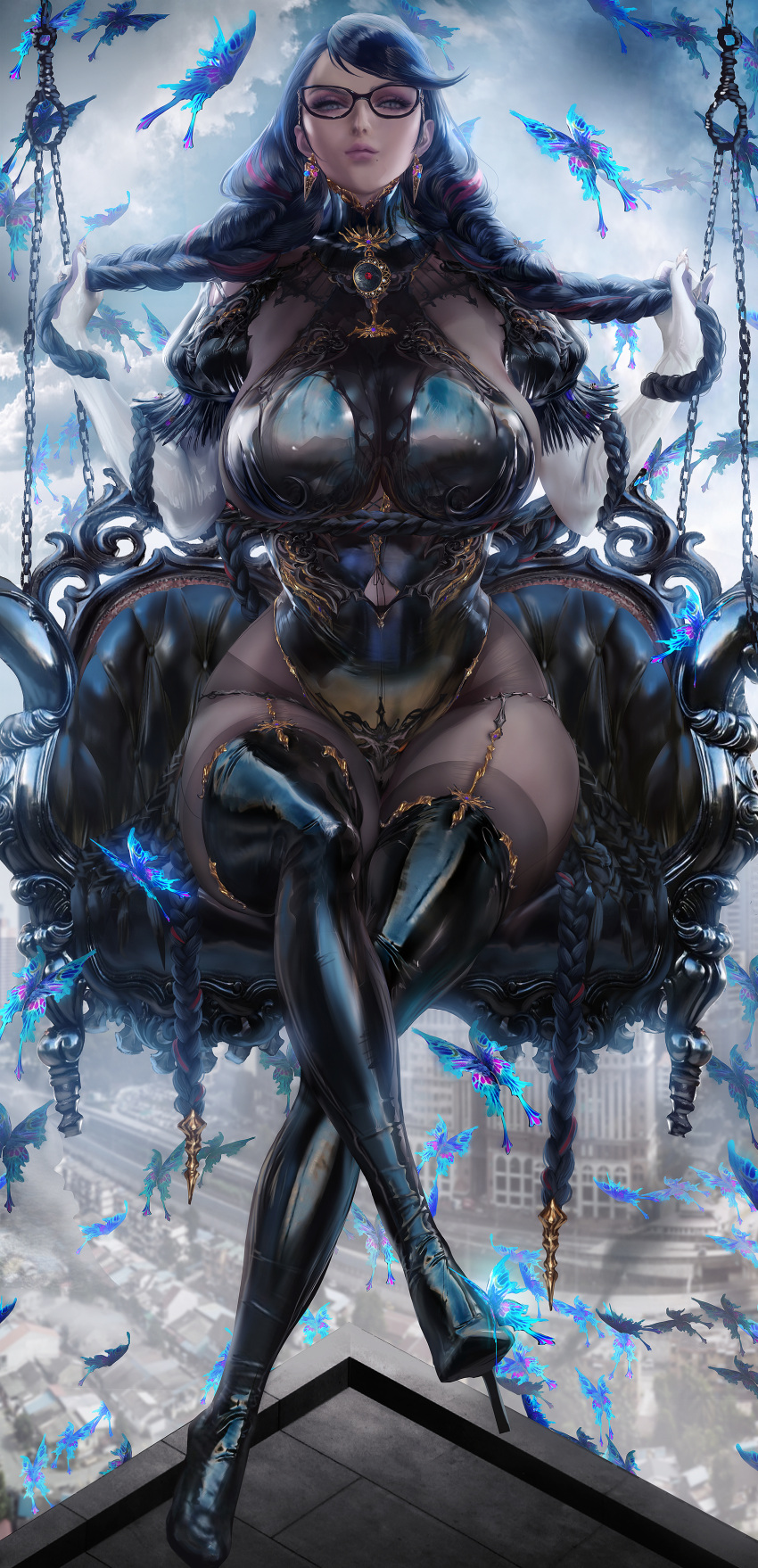 1girls arm_length_gloves bayonetta bayonetta_(character) bayonetta_3 beauty_mark big_breasts big_thighs black_hair blue_eyes bodystocking boots braided_hair braids breasts butterfly closed_legs clothed clothing earrings female female_focus female_only full_body fully_clothed glasses gloves grabbing_hair grabbing_own_hair hair hair_grab hair_pull high_heels hips huge_breasts jewelry large_breasts legs legs_crossed long_hair looking_at_viewer mature mature_female milf nintendo sakimichan sitting sitting_down sitting_on_throne smile solo solo_female solo_focus stockings thick_hips thick_thighs thigh_boots thighs throne twin_braids wide_hips