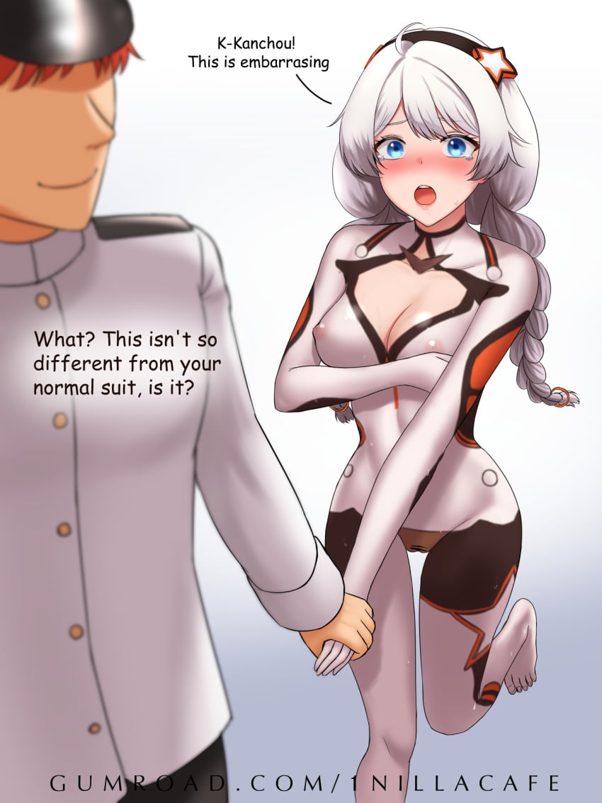 1boy 1girl 1nilla' ahoge bar_censor blue_eyes bodypaint braid breasts captain_(honkai_impact) censored clothed_male_nude_female commentary completely_nude covering_breasts covering_privates english_commentary highres honkai_(series) honkai_impact_3rd kiana_kaslana kiana_kaslana_(white_comet) large_breasts nipples nude open_mouth public_indecency public_nudity pussy twin_braids white_hair