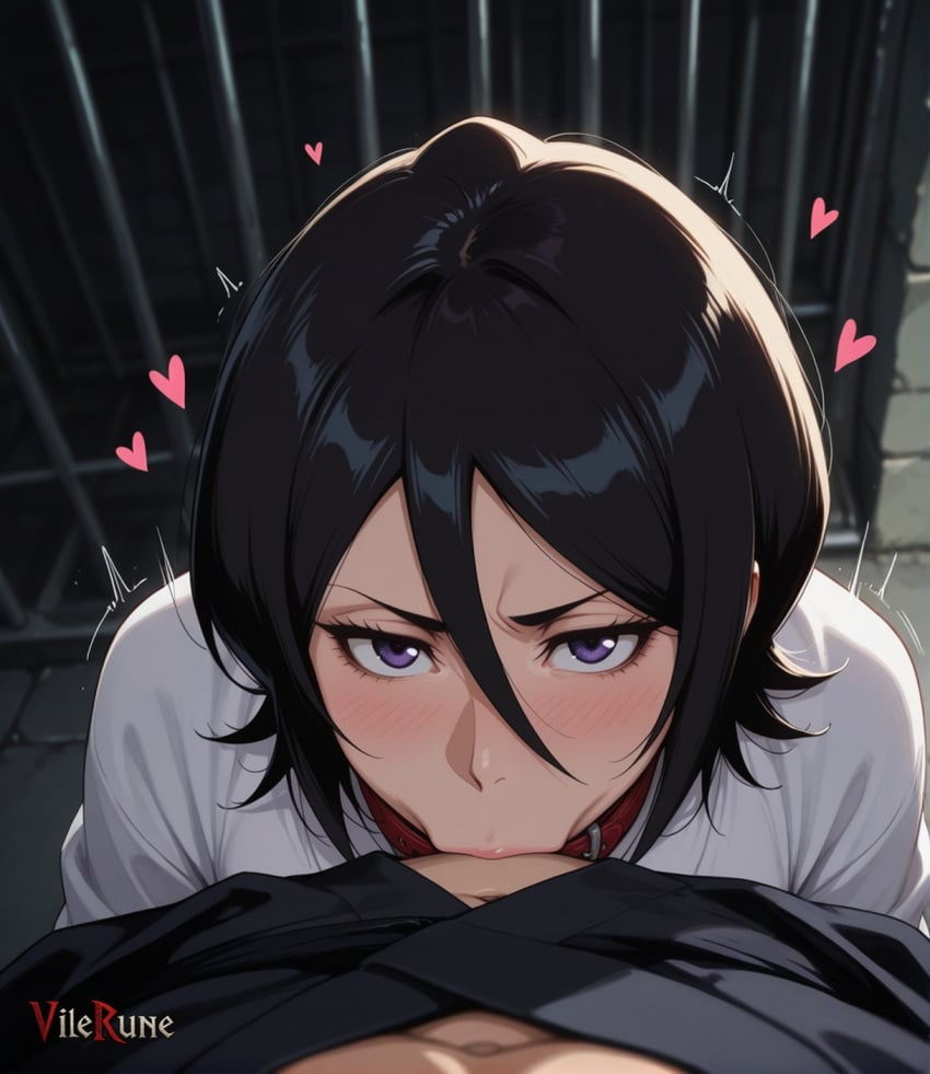 1boy 1girl ai_generated black_hair bleach bound_wrists collar deepthroat fellatio hair_between_eyes handcuffed handcuffs heart kuchiki_rukia looking_at_viewer motion_lines pov pov_eye_contact prison prison_cell purple_eyes rukia_kuchiki short_hair white_kimono
