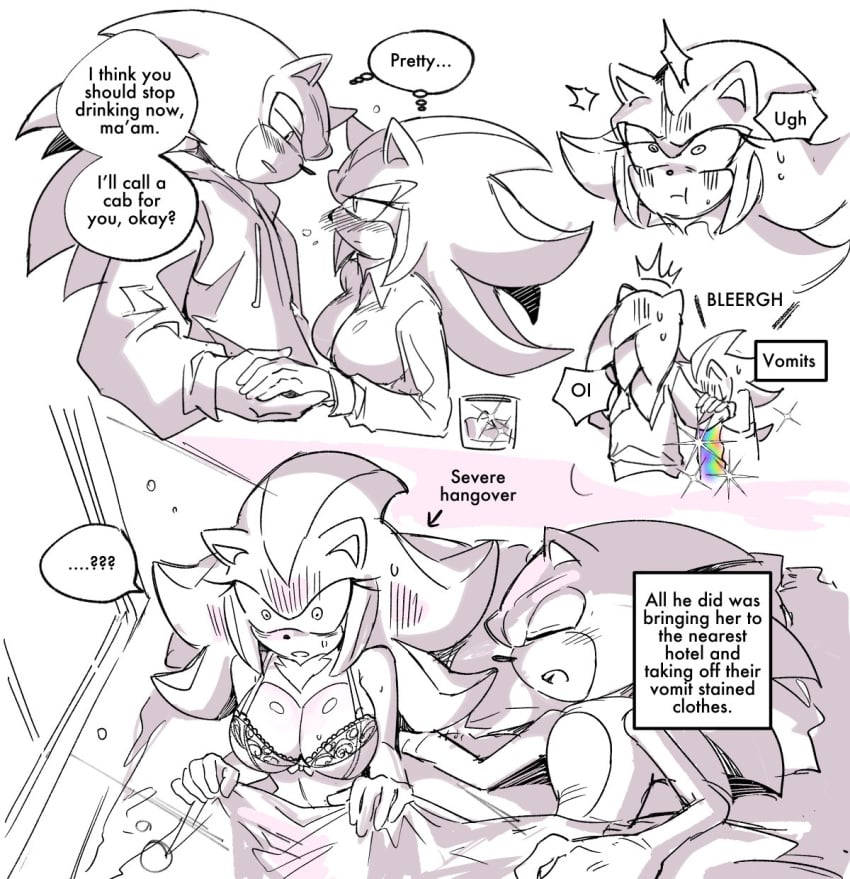 1boy 1girls big_breasts blush chest_tuft cold_sweat dialogue drunk english_text eulipotyphlan hangover in_bed junisnowhere lingerie milf no_nudity older_female older_female_and_younger_male rainbow_vomit revealing_clothes rule_63 shade_the_hedgehog shadow_the_hedgehog shiny_breasts sleeping sonic_(series) sonic_the_hedgehog sonic_the_hedgehog_(series) speech_bubble thought_bubble vomit waking_up waking_up_together younger_male
