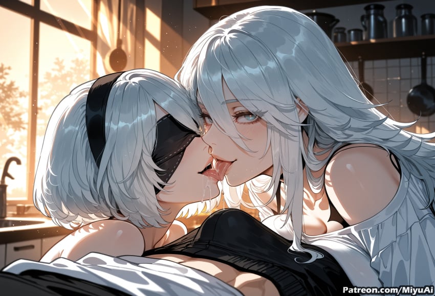 2b_(nier:automata) 2girls ai_assisted ai_generated bare_shoulders black_blindfold black_hairband blindfold blue_eyes bra breasts building couple curvaceous curvy curvy_female curvy_figure female hairband licking miyuai mole mole_under_mouth multiple_girls nier nier:automata nier_(series) off_shoulder saliva short_hair shorts silver_hair tank_top thick thick_ass thick_butt thick_hips thick_legs thick_thighs tongue underwear voluptuous voluptuous_female wide_hips wide_thighs yorha_2b yorha_a2 yorha_no._2_type_b