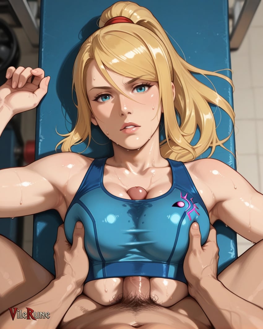 1girl ai_generated blonde_hair clothed_female_nude_male from_above gym gym_bench looking_at_viewer male_pubic_hair medium_breasts metroid nintendo on_back paizuri_under_clothes penis ponytail pov pov_hands samus_aran sports_bra straddling_paizuri sweat upper_body