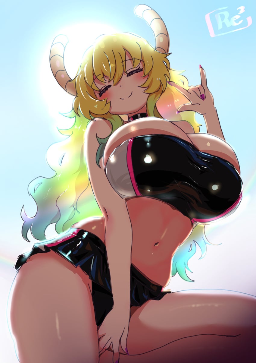 cameltoe choker cleavage horns huge_breasts latex lucoa miniskirt miss_kobayashi's_dragon_maid ozrereresan quetzalcoatl_(dragon_maid) race_queen shiny_clothes visible_panties