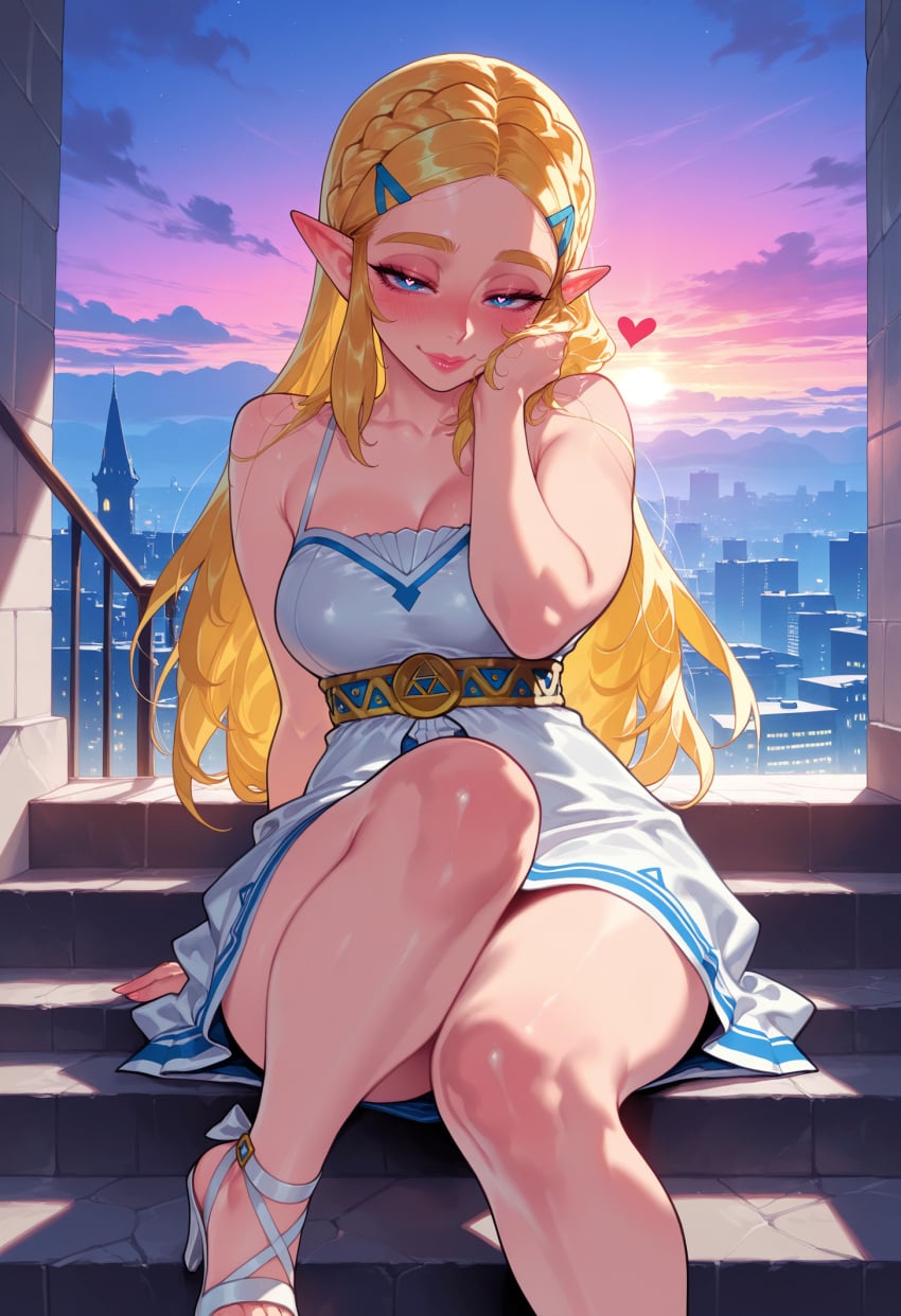 1girl 1girls ai_generated balecxi bangs bare_legs bare_shoulders belt blonde_hair blue_eyes blue_sky blush braid breasts building city cityscape cleavage closed_mouth clothing cloud cloudy_sky collarbone convenient_leg crown_braid curvaceous curvaceous_female curvaceous_figure curvy curvy_figure dress dusk evening feet female female_focus female_only foot_out_of_frame forehead gradient_sky hair_ornament hairclip half-closed_eyes hand_on_own_cheek hand_on_own_face hand_up high_heels hylian jewelry knee_up legs lips long_hair looking_at_viewer medium_breasts nintendo outdoors parted_bangs platform_footwear pointy_ears princess princess_zelda railing sandals short_dress sitting sitting_on_stairs sky sleeveless sleeveless_dress smile solo spaghetti_strap stairs strappy_heels sun sundress sunlight sunrise sunset the_legend_of_zelda the_legend_of_zelda:_breath_of_the_wild the_legend_of_zelda:_tears_of_the_kingdom thick_eyebrows thighs toeless_footwear toenail_polish toenails toes triforce voluptuous voluptuous_female white_dress white_footwear zelda_(breath_of_the_wild)