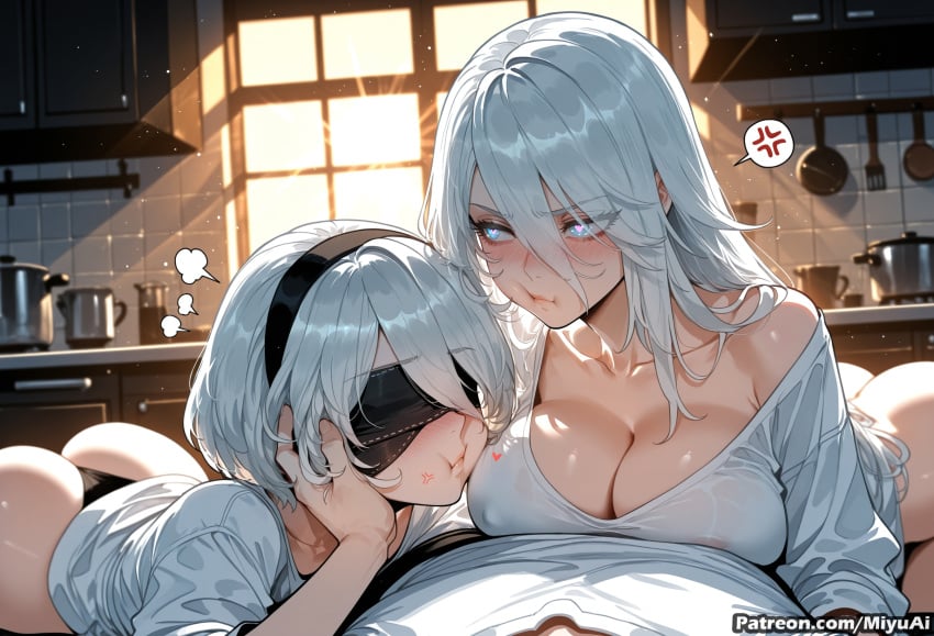 1boy 2b_(nier:automata) 2girls ai_assisted ai_generated anger_vein ass bedroom black_hairband black_panties blindfold blue_eyes blush breasts cleavage clock closed_mouth covered_nipples curvaceous curvy curvy_female curvy_figure female hair_between_eyes hairband indoors large_breasts lips long_hair lying miyuai mole mole_under_mouth multiple_girls nier nier:automata nier_(series) on_stomach panties see-through shirt short_hair silver_hair television thick thick_ass thick_butt thick_hips thick_legs thick_thighs thong underwear voluptuous voluptuous_female white_shirt wide_hips wide_thighs window yorha_2b yorha_a2 yorha_no._2_type_b