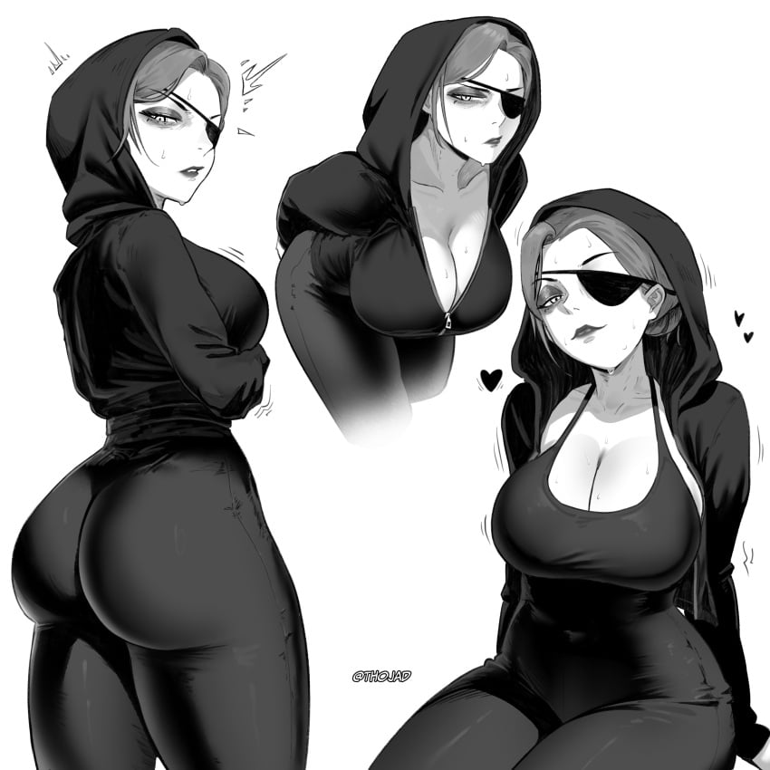 1girls aged_up artist_name ass ass_shot bent_forward big_ass big_breasts black_and_white black_dress black_eyes black_hair black_pants bottomwear breasts bubble_ass bubble_butt cleavage clothing dat_ass dress eyepatch eyeshadow eyewear female female_only front_view hair hair_bun half-closed_eyes heart hearts hood_up hoodie huge_ass jujutsu_kaisen kugisaki_nobara lips long_dress looking_back monochrome multiple_views pants side_view sideboob solo solo_female thick_thighs thighs thojad tied_hair topwear white_background