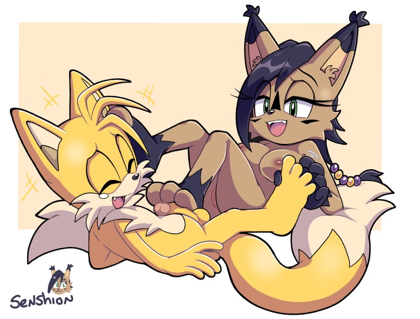 1boy 1girls anthro anthro_on_anthro anthro_only anthrofied duo female foot_fetish footjob male nicole_the_lynx nude nude_female nude_male sega senshion sonic_(series) sonic_the_hedgehog_(series) tails_the_fox