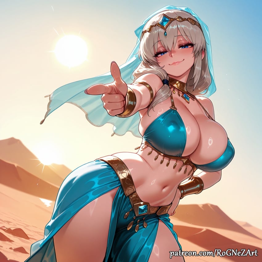 1girl 2026 ai_generated anime armlet bangs bare_shoulders bikini blue_eyes blue_sky blush boobs bracelet breasts cleavage closed_mouth covered_nipples crossover dancer day desert eye_contact female female_focus flushed grey_hair hair_between_eyes half-closed_eyes hand_on_hip highres huge_breasts jewelry large_breasts long_hair looking_at_viewer mature_female midriff navel neck_ring neutral_expression nsfw outdoors patreon patreon_logo patreon_username pelvic_curtain pointing pointing_at_viewer rognezart sky smile smiling smug solo stomach sun swimsuit thick_thighs thighs uzaki-chan_wa_asobitai! uzaki_tsuki veil very_long_hair watermark web_address