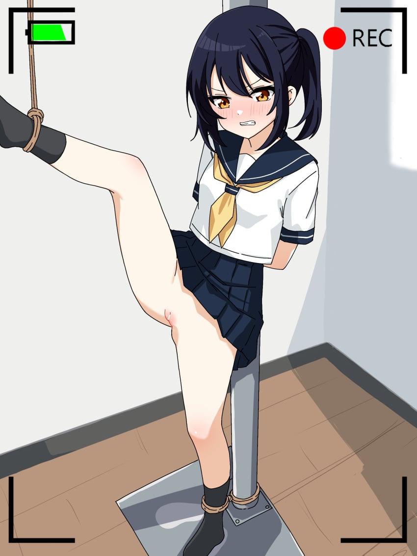 1girl absurdres ankle_socks arms_behind_back bar_censor battery_indicator bdsm black_hair black_sailor_collar black_skirt black_socks blush bondage bound censored cleft_of_venus clothes_lift commentary_request double-parted_bangs embarrassed forced_exposure full_body grimace highres humiliation indoors leg_up legs_bound_apart looking_at_viewer miniskirt neckerchief no_panties no_shoes one_side_up original pleated_skirt pussy recording rope rpca sailor_collar school_uniform serafuku shirt short_hair short_sleeves skirt skirt_lift socks solo standing standing_on_one_leg v-shaped_eyebrows white_shirt yellow_eyes yellow_neckerchief