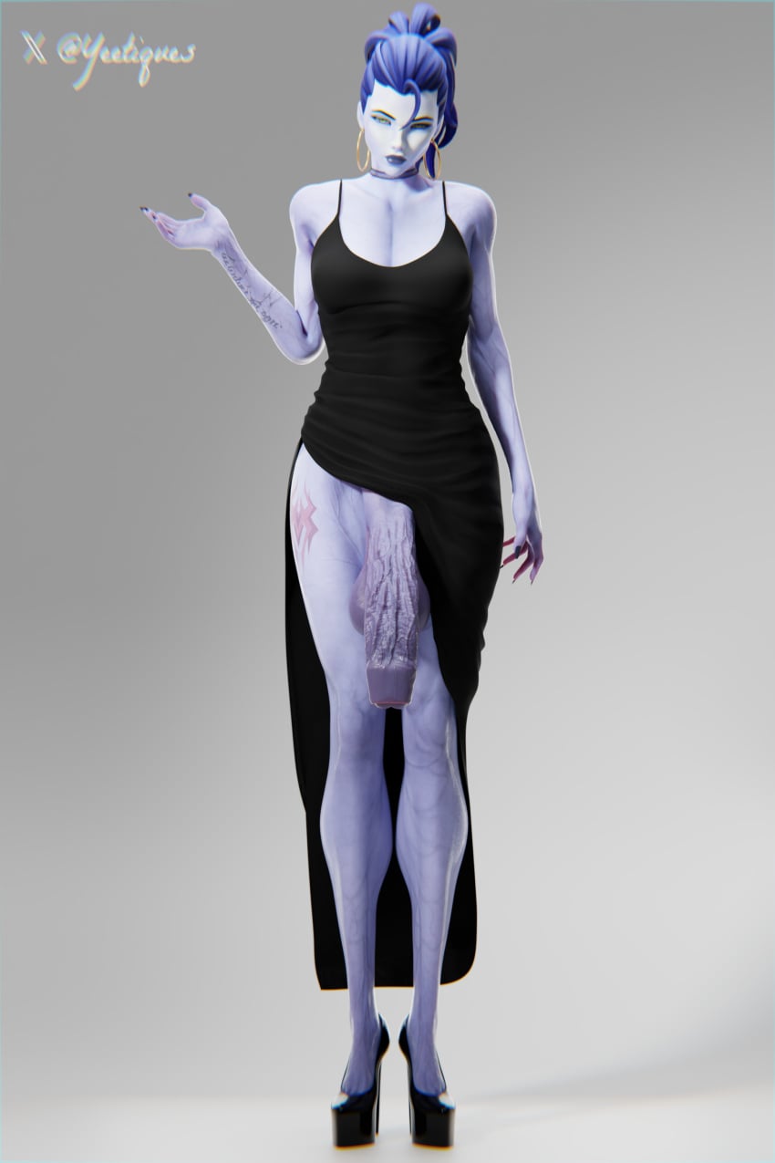 3d amelie_lacroix athletic_futa big_penis dress earrings flaccid_penis foreskin futa_only futanari hand_up high_heels long_penis looking_at_viewer penis_out solo_futa standing studio veiny_penis widowmaker yeetiques