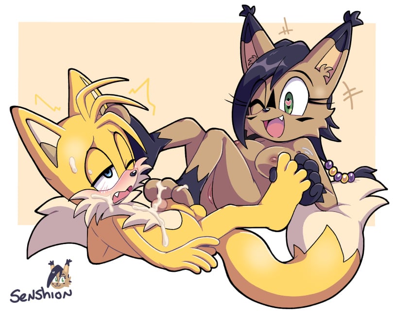 1boy 1girls anthro anthro_on_anthro anthro_only anthrofied duo female foot_fetish footjob male nicole_the_lynx nude nude_female nude_male sega senshion sonic_(series) sonic_the_hedgehog_(series) tails_the_fox
