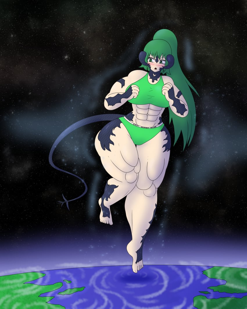 1girls abs au_ra au_raimdelle black_scales body_growth body_growth_(enlargement) bra breasts female female_focus final_fantasy final_fantasy_xiv giantess green_eyes green_hair growth horns hyper_giantess iffy_realms implied_growth muscular muscular_female oc original_character panties planet solo solo_female sports_bikini tail thighs